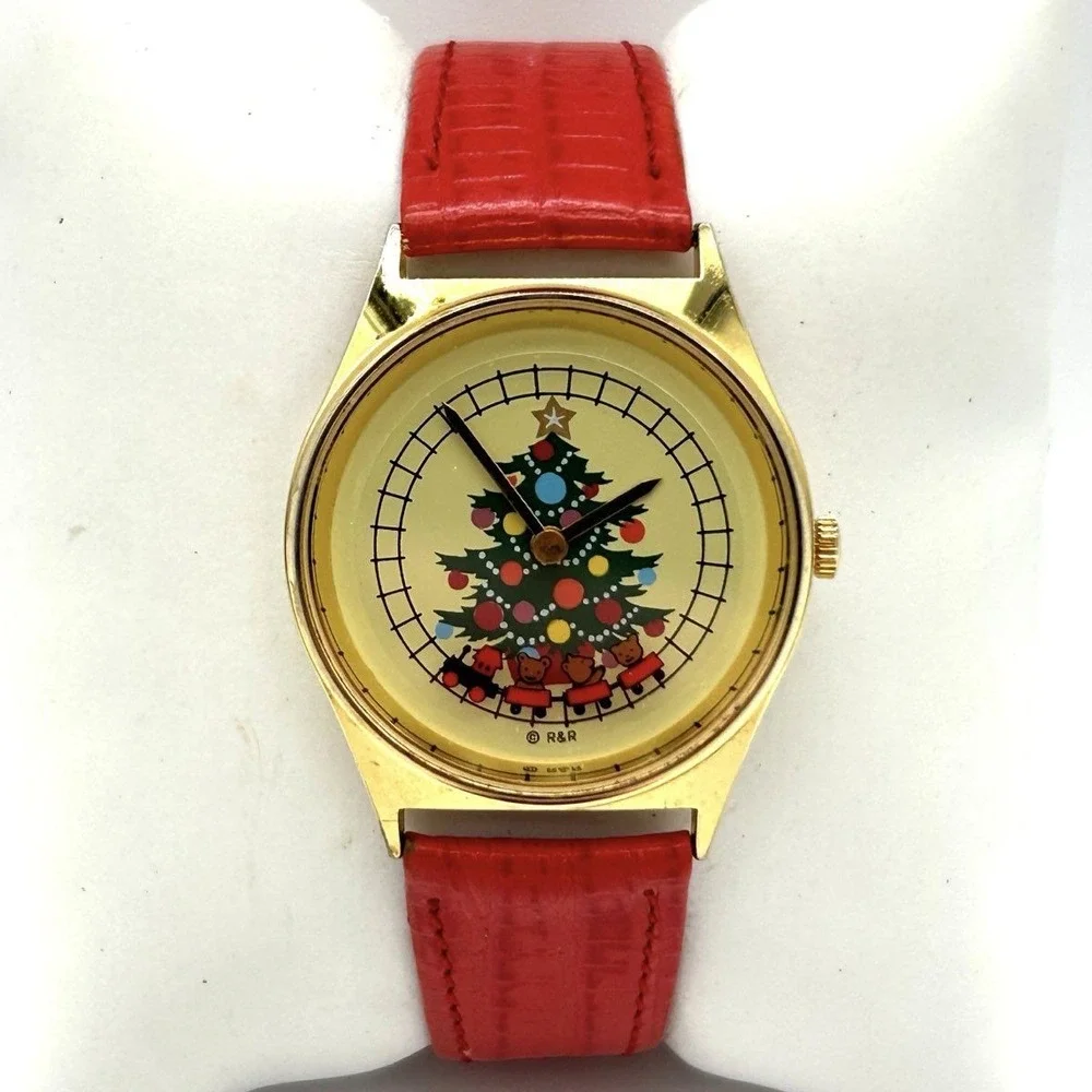 Vintage R&R Christmas Watch Moving Bear Train Gold Tone Red Leather Strap